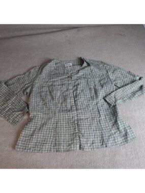 FLAX Womens Top Large Gray Green Plaid 100% Linen Back Pockets Collarless Snap